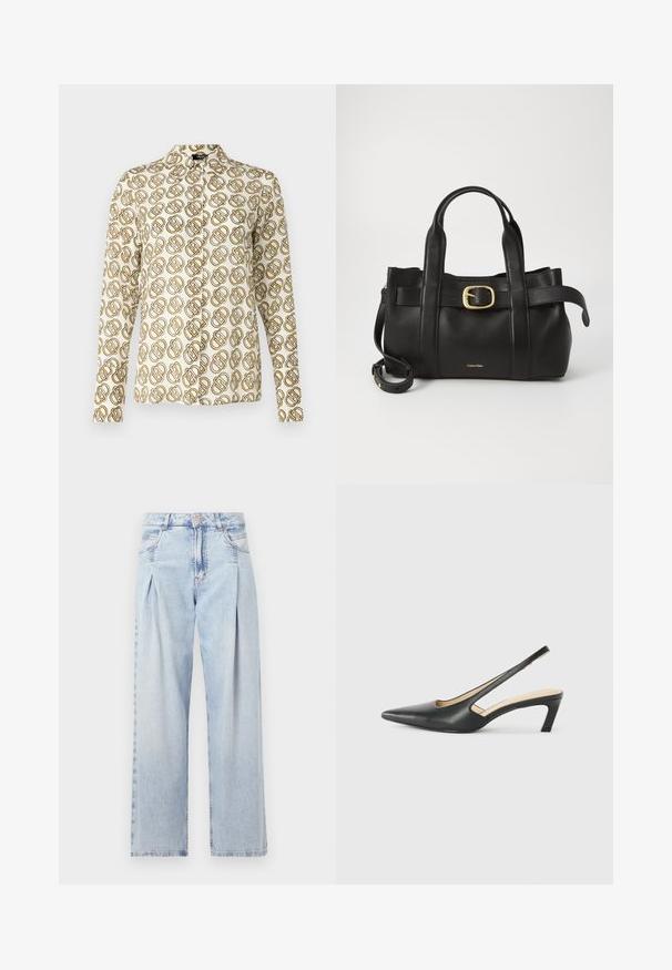 Blouse à manches longues en tissu crème présentant un motif géométrique répétitif dans des tons dorés et bruns. Col classique et fermeture boutonnée à l'avant.; Jeans en denim bleu clair avec taille haute, coupe large, deux poches latérales et design plissé. Texture douce avec une finition décolorée.; Slingback noir à bout pointu avec un petit talon, en cuir lisse et doté d'un design découpé sur le côté pour plus de respirabilité.; Sac à main en cuir noir présentant un design structuré, deux poignées supérieures, un accent de boucle en ton doré et un logo de la marque en relief à l'avant.