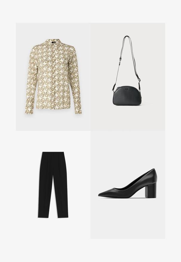 Langärmlige Bluse aus crèmefarbenem Stoff mit einem sich wiederholenden geometrischen Muster in Gold- und Brauntönen. Klassischer Kragen und durchgehende Knopfleiste.; Schwarze Hose mit geradem Schnitt, doppelten Falten, einer glatten Textur und einem klassischen Bunddesign. Keine sichtbaren Beschläge oder Akzente.; Schwarze Lederpumps mit spitzem Zehenbereich und einem klobigen quadratischen Absatz. Glatte Textur, einfaches Design, geeignet für formelle Anlässe.; Schwarze Leder-Umhängetasche mit runder Form, zwei verstellbaren Trägern und einem dezenten Logo auf der Vorderseite. Strukturierte Außenseite, minimalistisches Design.