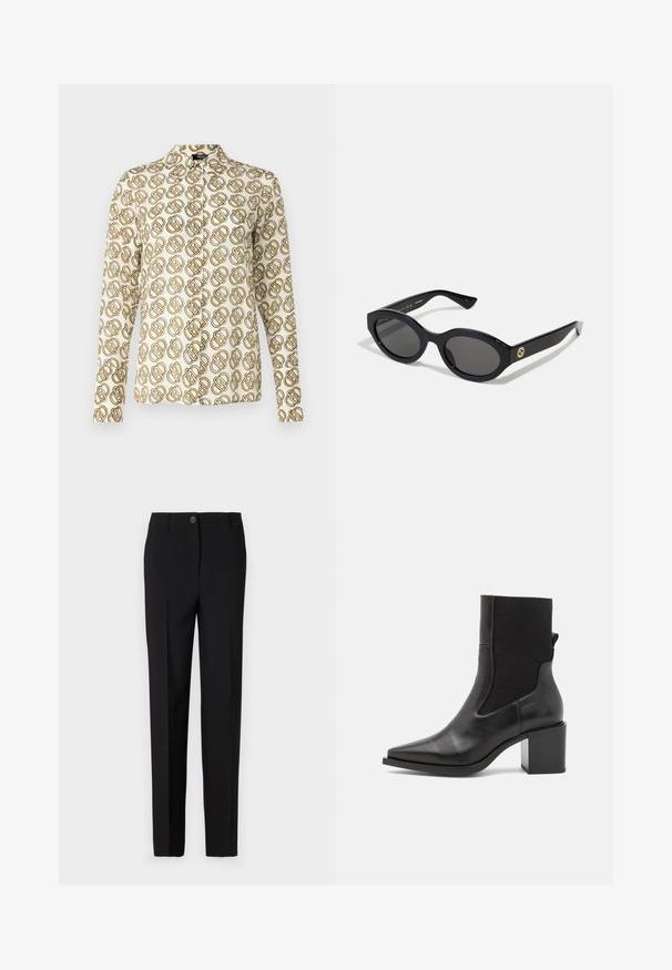 Blusa a maniche lunghe in tessuto crema con un motivo geometrico ripetuto nei toni dell'oro e del marrone. Colletto classico e chiusura con bottoni.; Pantaloni neri su misura con un design a gamba dritta, dotati di chiusura a bottone e passanti per la cintura, realizzati in tessuto liscio.; Stivale nero alla caviglia con punta affusolata, realizzato in pelle liscia e tessuto elastico. Caratterizzato da un tacco a blocco e un design minimalista.; Occhiali da sole neri a forma ovale con lenti scure e montatura in plastica lucida. Presentano un logo dorato sulla stanghetta, offrendo un design elegante e moderno.; Borsa a tracolla blu con motivo, realizzata in tessuto, caratterizzata da una forma curva, una tracolla in pelle nera e un logo in una tonalità più chiara.