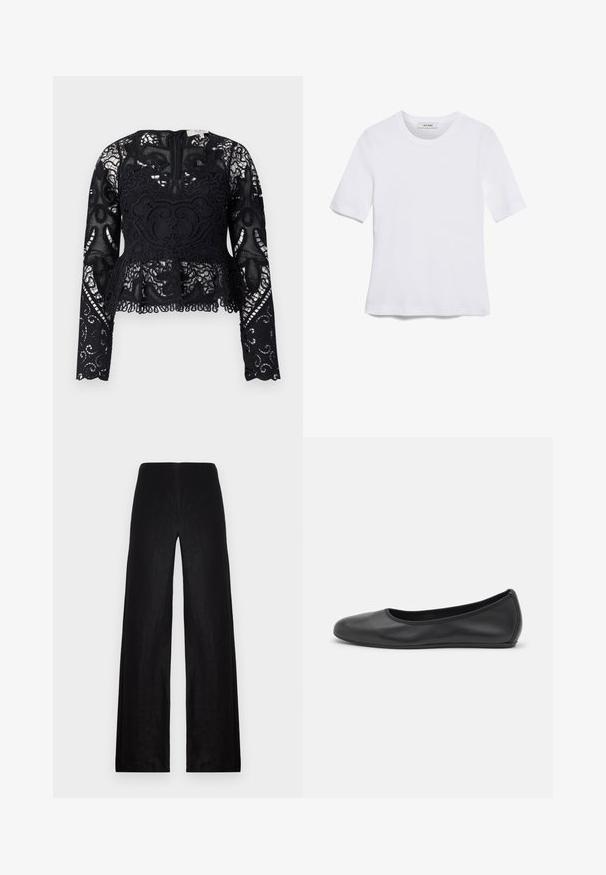 Juoda nėriniuota peplumo bluzonė su ilgomis rankovėmis, sudėtingais gėlių raštais ir banguota apatine dalimi. Yra apvali iškirptė ir užtrauktukas ant nugaros.; Balta trumpa rankovėmis marškinėliai, pagaminti iš pasiruošusio audinio. Apvali iškirptė, reguliari tinkamumas ir subtilūs siuvimo detalės. Be raštų ar grafikos.; Juodos plačios kelnės, pagamintos iš lengvo audinio. Turinčios aukštą liemenį, lygią tekstūrą ir švarias linijas be kišenių ar papuošimų.; Juodai odiniai baletai su apvaliu pirštu, lygi texture, minimalus siuvimo detales ir lanksčiu padų dizainu.