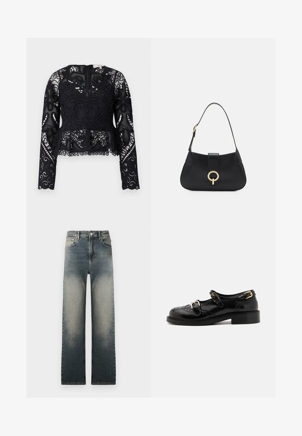 Svart spetstopp med peplum, långa ärmar, intrikata blommönster och scalloped nederkant. Har en rund halsringning och dragkedjestängning i ryggen.; Höga raka jeans med blekt ljus- och mörk denimtvätt och klassisk femfickdesign.; Svarta läderskor med broguedetaljer, utrustade med två spännen, rund tå och låg klack. Slät textur med glänsande finish.; Svart läderhandväska med en böjd silhuett, kort rem, centrala detaljer i guldton och slät textur. Inga synliga mönster eller accenter.