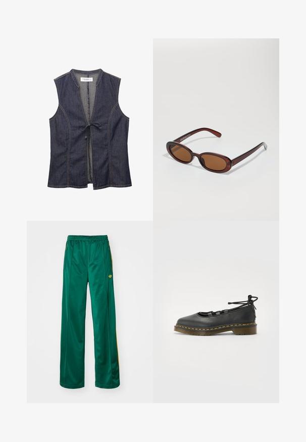 Džínová vesta s výstřihem do V, bez rukávů a s předním zavazováním. Má kontrastní prošívání a měkkou, texturovanou látku.; Zelené saténové sportovní kalhoty s volným střihem, zdobené žlutými pruhy a vyšitým logem na levé straně. Elastický pás.; Černá kožená bota s kulatou špičkou, nízkým podpatkem, šněrováním a žlutým prošíváním po okraji podrážky. Hladký povrch s matným vzhledem.; Kulaté sluneční brýle hnědé barvy s lesklým burgundským rámem. Úzké nožičky s jemným logem. Rovné čočky.