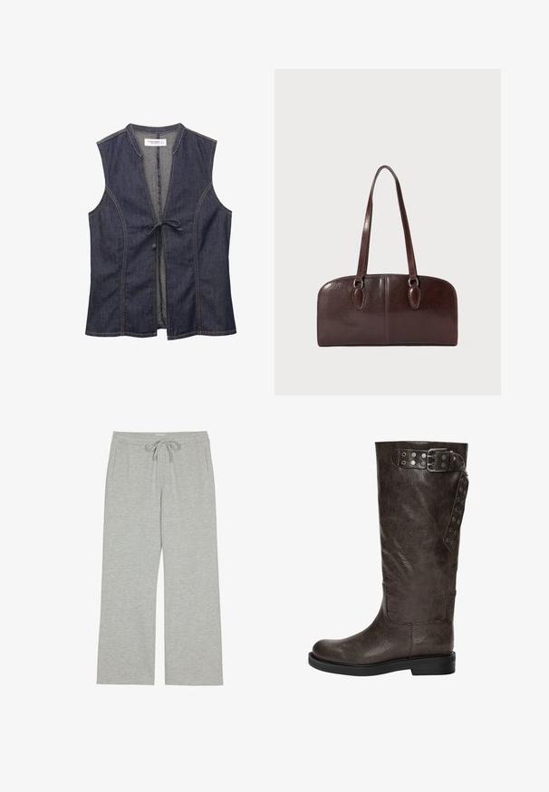 Denimvest met een V-halslijn, mouwloos ontwerp en een sluiting met strik aan de voorkant. Kenmerkt zich door contrasterende stiksels en een zachte, textuurstof.; Lichtgrijze sweatpants gemaakt van zacht, textuurstof met een trekkoord in de taille en zijzakken; brede, ontspannen pasvorm.; Bruine leren laars tot de knie met een gestructureerde afwerking, voorzien van een gespsluiting en drukknoopaccenten aan de zijkant, en een vlakke rubberen zool.; Bruine leren handtas met twee lange handvatten, een gestructureerde rechthoekige vorm, een gladde textuur en ronde randen. Beschikt over accentdetails bij de handvatten.