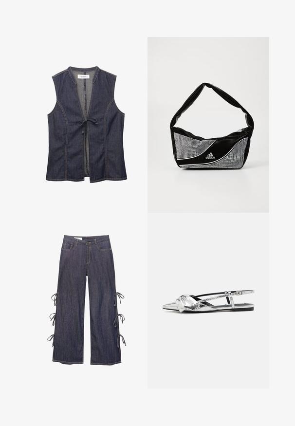 Denimvest met een V-halslijn, mouwloos ontwerp en een sluiting met strik aan de voorkant. Kenmerkt zich door contrasterende stiksels en een zachte, textuurstof.; Denim wijde broek in donkerblauw met zijstrikken en een knoopsluiting. Heeft voorzakken en een ontspannen silhouet.; Zilver metallic slingback ballerina's met een spitse neus, voorzien van een knoopdetail aan de voorkant en een verstelbare band voor een secure pasvorm.; Zwarte en zilveren adidas-handtas met een gladde textuur, voorzien van een glanzend gestofd patroon en een onderscheidend gebogen ontwerp.