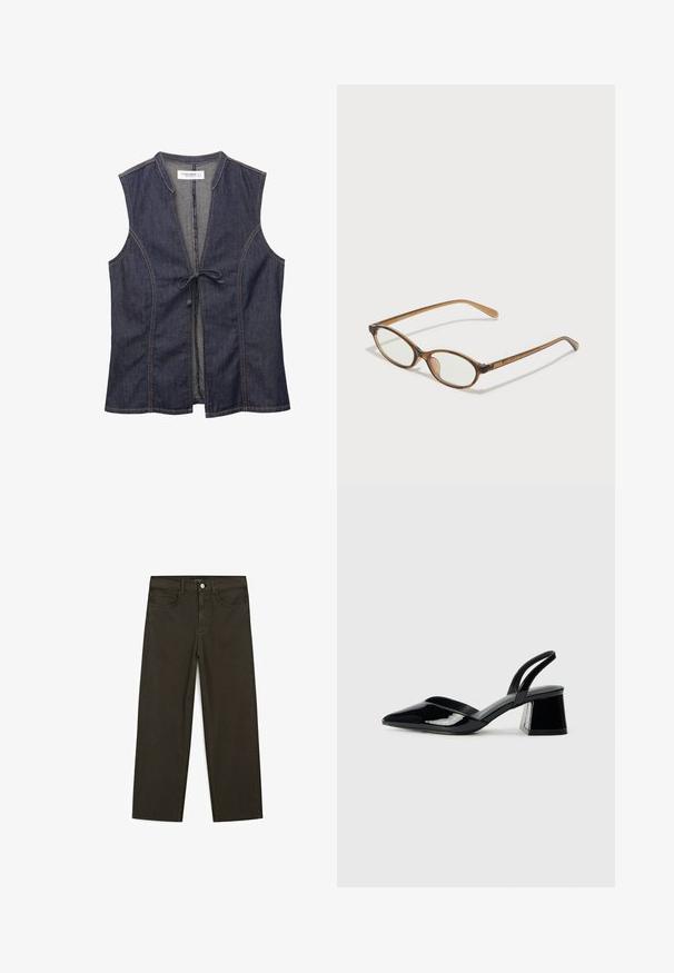 Jeansweste mit V-Ausschnitt, ärmellosem Design und vorderem Bindebandverschluss. Mit kontrastierender Naht und einem weichen, strukturierten Stoff.; Dunkelgrüne Jeans im weit geschnittenen Style, hergestellt aus einem Baumwollgemisch. Sie verfügen über einen Frontknopfverschluss, fünf Taschen und klassische Denim-Nähte.; Schwarze Lackleder-Slingback-High Heels mit spitzem Schuh und einem geometrischen Blockabsatz. Verfügt über ein schlankes, minimalistisches Design und eine glatte Textur.; Braune Schildpatt-Brille mit ovalen Gläsern, dünnen Bügeln und transparenten Akzenten. Verfügt über ein dezentes Logo am Bügel. Elegantes, leichtes Design.