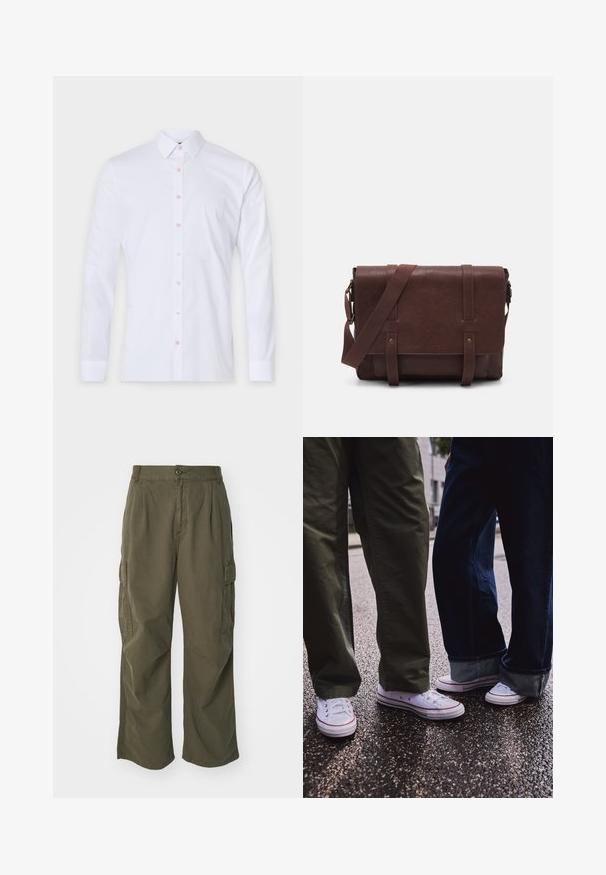 Fehér, hosszú ujjú, pamut ing, gombos gallérral, rózsaszín gombokkal, és testhezálló fazonnal. Nincsenek minták vagy grafikák.; Olívazöld cargo nadrág, pamutból készült, széles lábú kialakítással, plisszírozással és oldalsó zsebekkel a funkcionalitás érdekében.; Fehér alacsony szárú sportcipő piros részletekkel, olajzöld és sötétkék nadrággal viselve. Simább textúra, látható fűzőlyukak és gumi talp.; Barna bőr válltáska, lapos elülső fedéllel, két pánttal, arany színű fém kiegészítőkkel és állítható vállpánttal.
