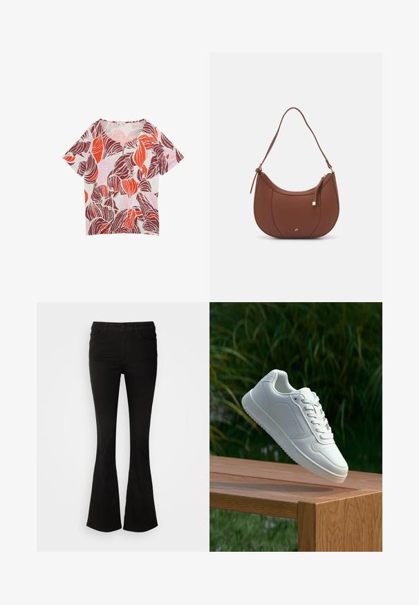 Short-sleeve, v-neck shirt made of lightweight fabric. Features a bold leaf pattern in red, burgundy, and pink on a light background.; Black flared pants made of stretch fabric, featuring a waistband with belt loops and front pockets, smooth texture, and a tailored fit to the knee.; White sneaker with a smooth synthetic upper, perforated toe box, flat laces, and a textured sole, displayed on a wooden surface.; Brown faux leather shoulder bag with curved shape, minimal stitching, and a gold-tone hardware accent. Features a top zipper closure and adjustable strap.