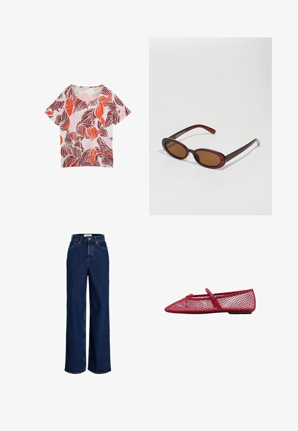 Short-sleeve, v-neck shirt made of lightweight fabric. Features a bold leaf pattern in red, burgundy, and pink on a light background.; High-waisted, dark blue denim jeans with wide legs, front button, and five-pocket design.; Red mesh ballet flats with a pointed toe, featuring a thin strap and buckle detail. The upper has an open, honeycomb pattern.; Round, brown-tinted sunglasses with a glossy burgundy frame. Slim arms with subtle branding detail. Flat lens design.