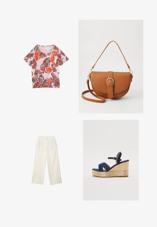 T-shirt met korte mouwen en v-hals, gemaakt van lichtgewicht stof. Heeft een gedurfde bladerenpatroon in rood, bordeaux en roze op een lichte achtergrond.; Brede broekspijpen in crème stof met een gladde textuur, voorzien van een enkele frontknop, subtiele plooien en een hoge taille.; Marineblauwe wedge sandaal met gekruiste banden, een geprofileerd natuurlijk vezelplatform en een gouden metalen accent aan de basis.; Bruine leren schoudertas met een gebogen vorm, gouden hardware en een gespaccent. Bevat een afneembare schouderriem.