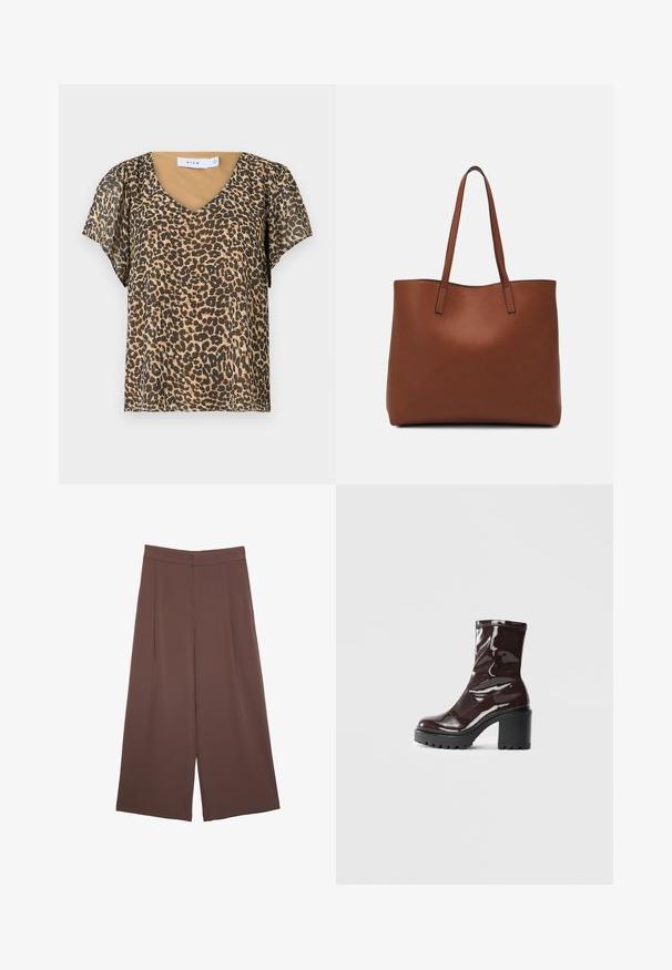 Blúzka s leopardím vzorom, s výstrihom do V, krátkymi rukávmi, v hnedých a pieskových farbách, z ľahkého materiálu a s voľným strihom. Viditeľná značka.; Hnedé nohavice so širokými nohavicami a hladkou textúrou, s vysokým pásom a prednými skladmi. Tkanina je ľahká a voľne sa pohybuje.; Lesklé burgundské kotníkové boty s robustním černým podpatkem, s hladkou strukturou a jednoduchým designem. Bez viditelných zapínání nebo vzorů.; Hnedá kožená taška na rameno s hladkou textúrou, otvoreným vrchom a dvoma ramenými popruhmi. Má minimálne šitia a žiadne viditeľné kovania.