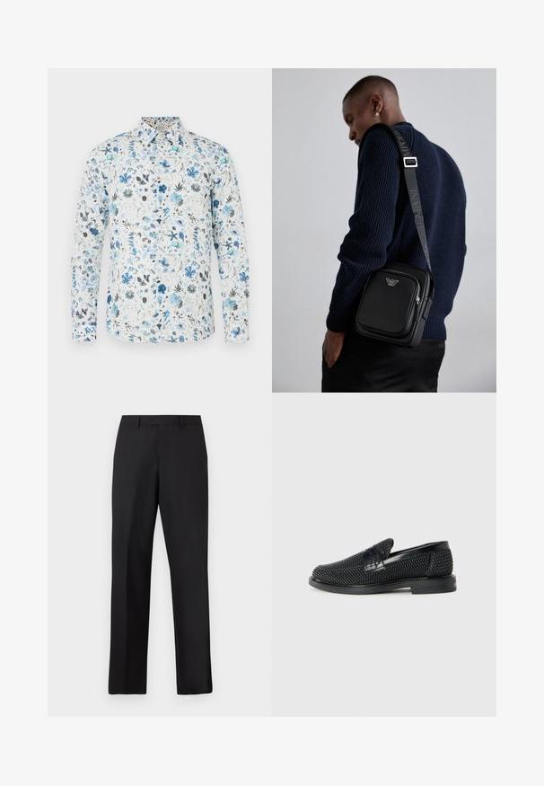 Cămașă cu mâneci lungi din material alb, cu un model floral în tonuri de albastru, verde-adan și gri, cu guler cu nasturi și tiv curbat.; Pantaloni negri cu talie dreaptă, realizați dintr-un material neted. Prezintă o talie standard și nu au modele sau accente vizibile.; Pantofii negri din material textil, cu accent din piele netedă pe partea superioară, design cu vârf rotund și talpă din cauciuc de profil redus.; Geantă crossbody din piele neagră, cu un compartiment cu fermoar, detaliu cu logo și o curea ajustabilă cu marcă. Pură împotriva unui pulover texturat de culoare bleumarin.