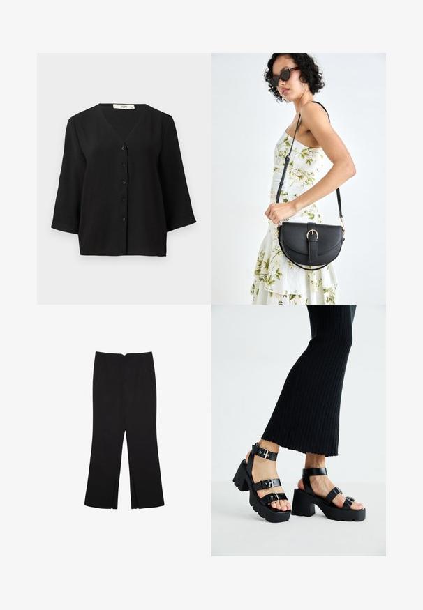 Sort kortærmet skjorte med knaplukning og V-hals, har et tekstureret stof og seks sorte knapper foran.; Sorte bukser med lige pasform, der har frontlommer og slidser i kanten. Lavet af blødt, glat stof. Velegnet til forskellige anledninger.; Sorte platfromsandaler med kraftige, skridsikre såler og flere stropper, der har metalspænder og en glat læderlignende tekstur.; Sort læderhåndtaske med en buet form, aftagelig rem og guldfinish. Tasken har en klap med en spænde detalje.