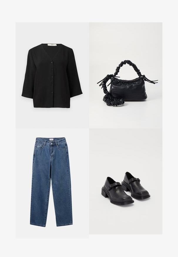 Black short-sleeve button-up top with a V-neckline, features a textured fabric and six black buttons down the front.; Classic blue denim jeans with a straight-leg design, five pockets, and a button closure. Features a medium wash and sturdy texture.; Black leather shoes with a rounded toe, flat sole, and a strap with a buckle detail. Chunky block heel for added stability.; Black faux leather handbag with a crocodile texture, cinched top, and a scrunched strap. Appears soft and compact in design.