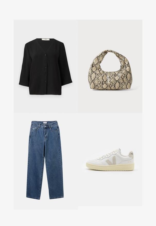 Black short-sleeve button-up top with a V-neckline, features a textured fabric and six black buttons down the front.; Classic blue denim jeans with a straight-leg design, five pockets, and a button closure. Features a medium wash and sturdy texture.; White leather sneaker with beige suede accents, perforated toe box, flat laces, and a textured cream sole. Features subtle branding on heel.; Snake-print handbag with a curved handle. Made from textured, beige and brown materials, featuring a distinctive diamond pattern.