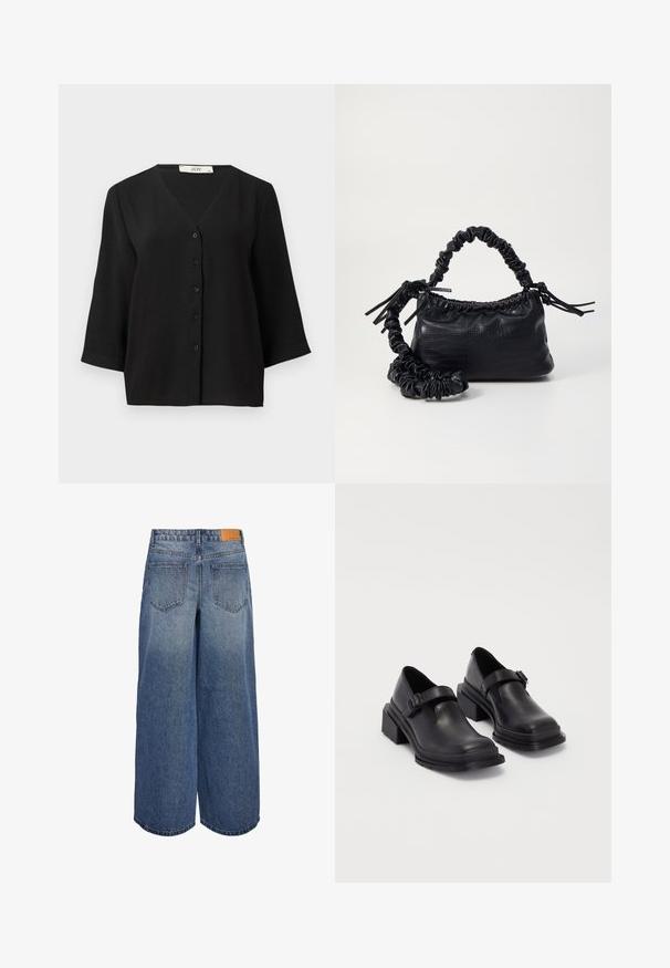 Black short-sleeve button-up top with a V-neckline, features a textured fabric and six black buttons down the front.; Wide-leg denim culottes in medium blue wash with a faded texture, featuring two back pockets and a brown leather brand tag on the waistband.; Black leather shoes with a rounded toe, flat sole, and a strap with a buckle detail. Chunky block heel for added stability.; Black faux leather handbag with a crocodile texture, cinched top, and a scrunched strap. Appears soft and compact in design.