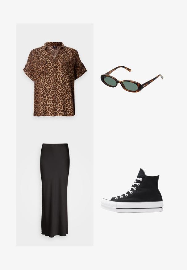 Short-sleeve, button-up blouse in leopard print, featuring a light brown and black color scheme, with two chest pockets and a relaxed fit.; Black, floor-length satin skirt with a smooth texture, fitted waistband, and A-line silhouette, featuring no visible embellishments or patterns.; High-top black canvas sneaker with white eyelets, laces, and rubber sole. Features a textured toe cap and black and white stripe accents.; Tortoiseshell sunglasses with oval frames and green lenses. Features thin arms with a metallic accent near the hinges.