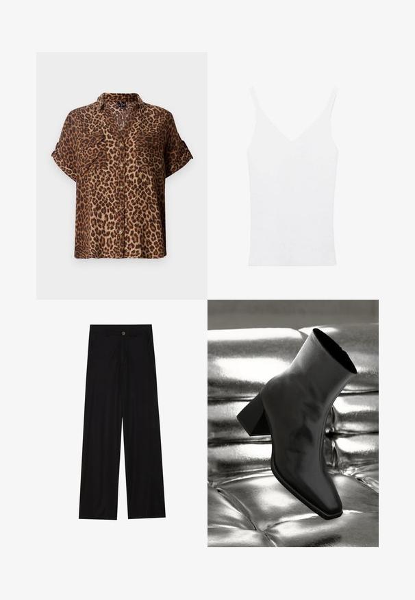 Bluză cu mânecă scurtă, cu nasturi, în imprimeu leopard, având o schemă de culori în nuanțe de maro deschis și negru, cu două buzunare la piept și o croială lejeră.; top alb cu bretele subțiri, decupaj în V, design ajustat și textură striată. Materialul pare moale și ușor.; Pantaloni negri cu picioare largi, confecționați dintr-un material neted, având buzunare frontale și închidere cu nasture la talie. Design minimalist, fără modele.; Cizme negre până la gleznă, realizate dintr-un material lucios, cu vârf pătrat și toc conic, plasate pe un fundal strălucitor de argint, cu un model tuftat.