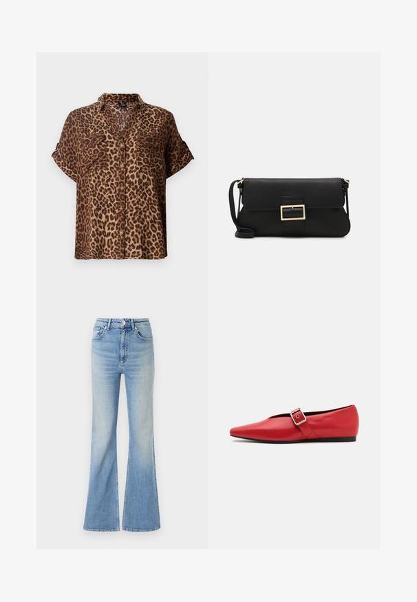 Blusa a maniche corte con bottoni in stampa leopardata, caratterizzata da una combinazione di colori marrone chiaro e nero, con due tasche sul petto e una vestibilità rilassata.; Jeans flared di colore blu chiaro in denim, dotati di vita alta, design a cinque tasche e una leggera sfumatura verso l'orlo.; Scarpa piatta in pelle rossa con punta affusolata, dotata di un cinturino laterale con fibbia in metallo e un tacco basso nero. Texture liscia su tutta la superficie.; Borsa a mano in pelle nera con patta e dettaglio in metallo dorato. Include una tracolla nera e un design elegante e minimalista.; Orecchino in metallo color oro con un design elegante e curvo. Presenta una forma appuntita distintiva, superficie lucida e chiusura a cerniera.