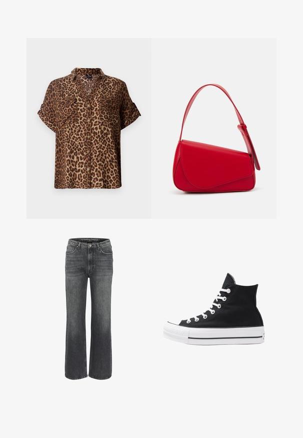 Blusa a maniche corte con bottoni in stampa leopardata, caratterizzata da una combinazione di colori marrone chiaro e nero, con due tasche sul petto e una vestibilità rilassata.; Jeans a gamba larga in denim grigio scuro, dotati di un classico design a cinque tasche, dettagli cuciti e chiusura con bottone in vita.; Sneaker alta nera in tela con occhielli e lacci bianchi e suola in gomma. Presenta un punta testurizzata e accenti a strisce bianche e nere.; Borsa a tracolla in pelle rossa con un design angolare e geometrico. Presenta una singola tracolla regolabile e una chiusura a patta con dettagli cuciti.