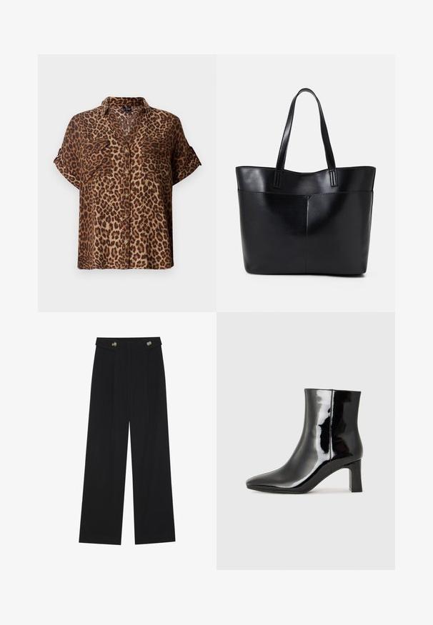 Blusa de manga corta con botones en estampado de leopardo, que presenta una combinación de colores en marrón claro y negro, con dos bolsillos en el pecho y un corte relajado.; Pantalones de pierna ancha negros con cintura alta, detalles de botones en la cinturilla y pliegues en la parte delantera.; Botín de charol negro con punta afilada y un tacón de bloque de altura media. Textura suave y diseño minimalista.; Bolso tote de cuero negro con dos asas largas, textura suave y forma estructurada. Cuenta con un bolsillo frontal para almacenamiento adicional.