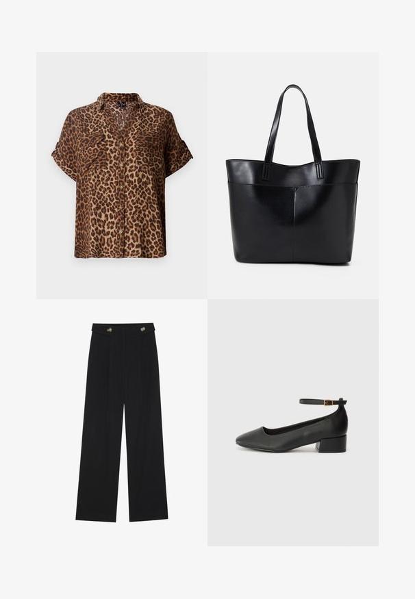 Bluză cu mânecă scurtă, cu nasturi, în imprimeu leopard, având o schemă de culori în nuanțe de maro deschis și negru, cu două buzunare la piept și o croială lejeră.; Pantaloni negri cu picioare largi, talie înaltă, detalii cu butoane pe talie și pliseuri în față.; Pantof cu toc negru din piele, cu vârf ascuțit și toc mic pătrat. Dispune de o curea la gleznă cu o cataramă în tonuri de aur. Textură netedă.; Geantă oversized din piele neagră, cu două mânere lungi, de textură netedă și formă structurată. Are un buzunar frontal pentru stocare suplimentară.
