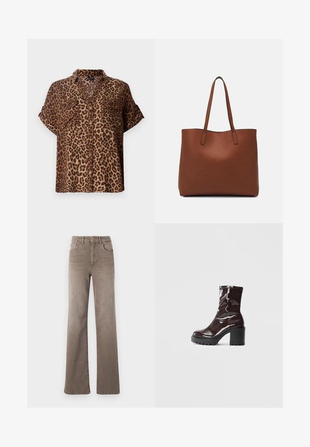 Korte mouwen, knoopsluiting blouse in luipaardprint, met een lichtbruine en zwarte kleurenschema, voorzien van twee borstzakken en een relaxte pasvorm.; Bruine hoge taille straight-leg jeans met een knoop aan de voorkant, riemlussen en een klassieke vijf-pocket design op een witte achtergrond.; Glanzende bordeauxrode enkelboot met een chunky zwarte hak, met een gladde textuur en een eenvoudig ontwerp. Geen zichtbare sluitingen of patronen.; Bruine leren tote bag met een gladde textuur, een ontwerp met een open bovenkant en twee schouderbanden. Kenmerkt zich door minimale stiksels en geen zichtbare hardware.