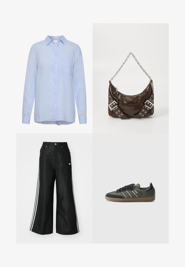 Gaiši zils linu krekls ar apkakli, garām piedurknēm, priekšējo pogu aizdari un vienu krūšu kabatu. Mīksta tekstūra, brīva piegriezuma.; Melni platās kājas džinsi ar trim baltām svītrām katrā pusē un mazu baltu logotipu. Iezīmē priekšējos kabatas un pogu aizdari.; adidas Originals SAMBA OG - Sporta apavi - core black/legend earth/gum; Tumši brūns laku ādas rokas soma ar sudraba ķēdes siksnu, dekoratīviem dubultiem jostām un rāvējslēdzēja aizdari.