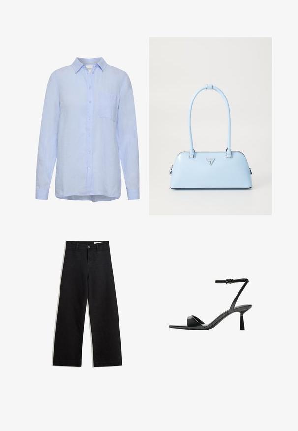 Light blue linen shirt with a collar, long sleeves, front button closure, and a single chest pocket. Soft texture, relaxed fit.; Black wide-leg denim pants with a high waist, featuring front and back pockets, stitched seams, and a button closure. Smooth texture.; Bershka High heeled sandals - black; Light blue handbag with a structured shape, smooth leather material, two handles, and a triangular brand logo on the front. Zippered closure.