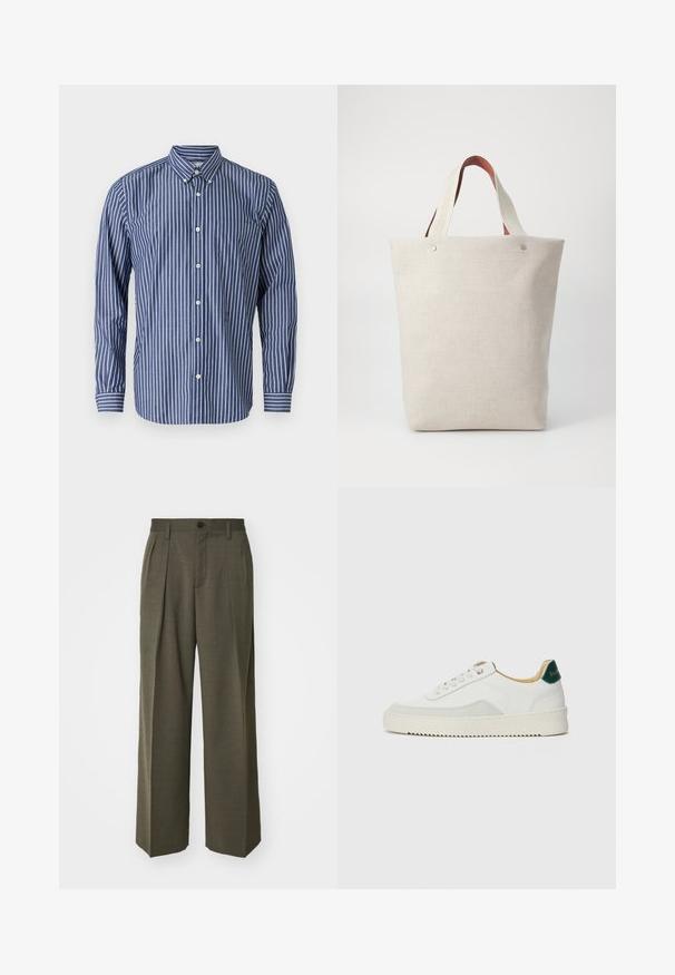 Blauw-wit gestreepte overhemden met knopen, met een kraag, lange mouwen, een borstzak en witte knoopsluitingen.; Lichtbeige t-shirt gemaakt van katoen, met een groot geborduurd adelaarlogo in grijs en zwart op de borst. Korte mouwen, relaxte pasvorm.; Filippa K WIDE TROUSERS - Broek - driftwood; Witte sneaker met suède accenten, ronde neus, platte veters en een crème rubberen zool. Bevat groene branding op de hiel.; Tasje van lichtbeige stof met een gestructureerde afwerking, voorzien van twee contrasterende bruine leren handgrepen en metalen accenten aan de bovenkant.