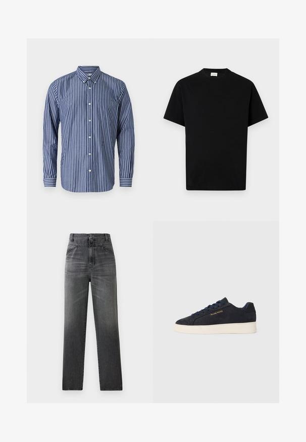 Chemise à rayures bleues et blanches, avec un col, des manches longues, une poche plaquée et des boutons blancs.; T-shirt en coton noir avec un col rond, des manches courtes et une coupe droite. Pas de motifs visibles ni de détails matériels.; Jeans en denim gris foncé présentant une taille haute, une coupe droite, et une texture délavée avec poches avant et fermeture à un bouton.; Baskets basses en daim bleu marine avec semelle blanche, lacets bleu marine et logo "Filling Pieces" en or sur le côté.