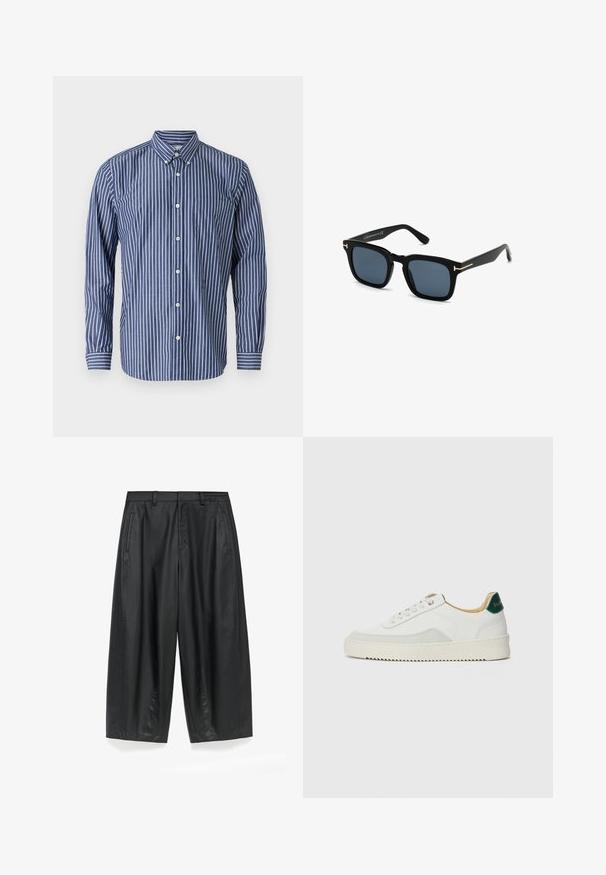 Blauw-wit gestreepte overhemden met knopen, met een kraag, lange mouwen, een borstzak en witte knoopsluitingen.; Zwarte wijde broek gemaakt van een gladde, matte stof. Heeft een op maat gemaakte tailleband, voorplooien en zijzakken.; Witte sneaker met suède accenten, ronde neus, platte veters en een crème rubberen zool. Bevat groene branding op de hiel.; Zwarte vierkante zonnebril met donkere lenzen, matte afwerking en gouden metalen accenten op de poot, met een minimalistisch ontwerp.