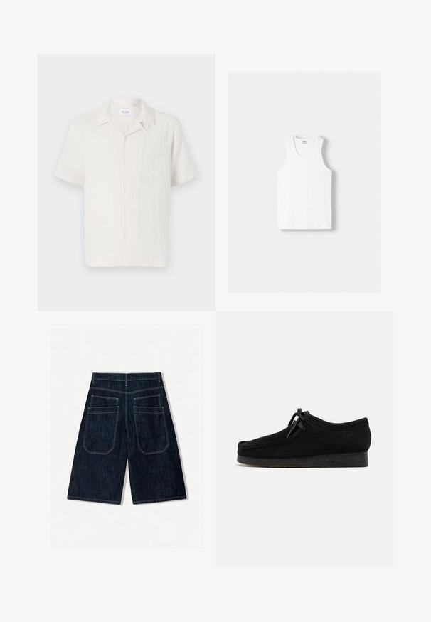 Košulja s kratkim rukavima u svijetloj krem boji, koja se odlikuje suptilnim teksturiranim uzorkom i klasičnim dizajnom ovratnika.; Bijeli pamučni majica bez rukava s okruglim izrezom, širokim naramenicama i ravnim rubom, s glatkom teksturom i bez vidljivih uzoraka.; Tamno plavi traper šorts s labavim krojem, koji ima dva stražnja džepa, kontrastnu nit i ravne nogavice.; Crne nubuk cipele s dizajnom zaobljenog prsta, vezivanjem sprijeda i strukturalnom crnom gumenom potplatu. Glatka gornja površina s suptilnim detaljima kod šavova.