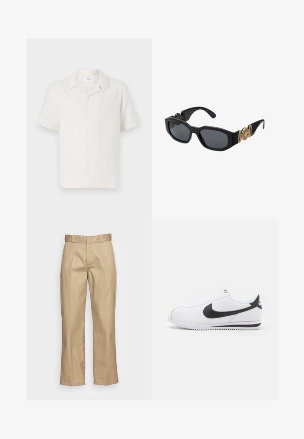 Camicia a maniche corte con bottoni di colore crema chiaro, caratterizzata da un sottile motivo testurizzato e un design classico del colletto.; Maglietta bianca in cotone con maniche corte, scollatura rotonda, vestibilità comoda e senza loghi o motivi visibili. Texture liscia e design minimale.; Pantaloni khaki con un design a gamba dritta, realizzati in un tessuto resistente, con una trama liscia e una doppia piega frontale per un tocco di dettaglio in più.; Sneaker in pelle bianca con logo Nike nero, lacci piatti e suola in gomma testurizzata. Punta arrotondata e collare imbottito per il comfort.; Occhiali da sole neri con una montatura geometrica spessa, lenti scure e accenti in metallo dorato sulle aste che presentano un dettaglio ad emblema rotondo.