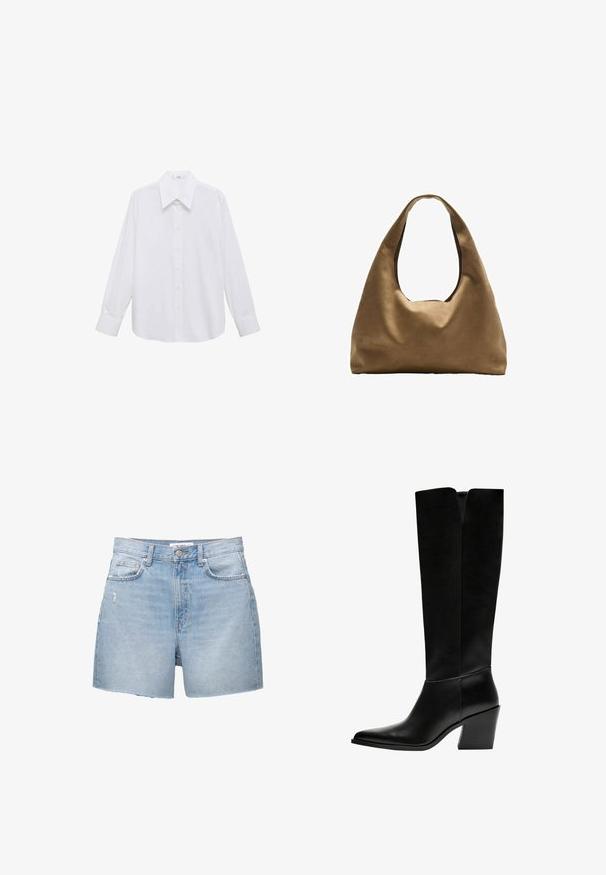 Hvid langærmet skjorte med knaplukning og bred spread krave, der har en glat overflade.; Lysblå denimshorts med frynsede kanter, fem lommer og knaplukning. Stoffet har en falmet vask og let slid.; Sorte knæhøje støvler lavet af glat læder, med spids tå, blokhæl og en V-formet udskæring foroven.; Brun stof skuldertaske med en bred, rundet krop og et stort udsnit håndtag. Blød tekstur, minimalistisk design og ingen synlig hardware.