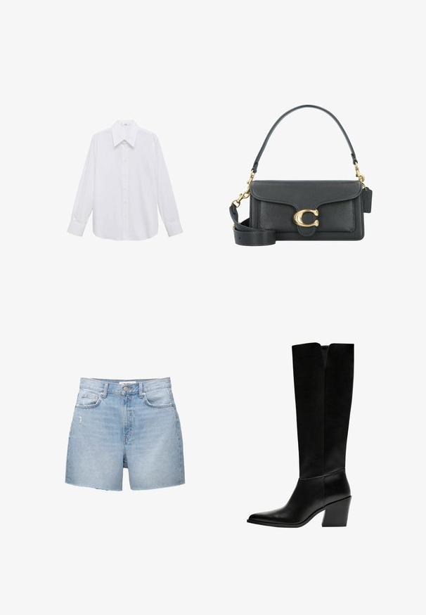 Weißes Langarmhemd mit breitem Kentkragen, das eine glatte Textur und eine Knopfleiste auf der Vorderseite aufweist.; Hellblaue Jeansshorts mit ausgefransten Säumen, fünf Taschen und einem Knopfverschluss. Der Stoff hat eine verblasste Wäsche und leichte Beanspruchungen.; Schwarze kniehohe Stiefel aus glattem Leder, mit spitzem Schuhbund, einem Blockabsatz und einem V-förmigen Ausschnitt an der Oberseite.; Schwarze Lederhandtasche mit goldenen Hardware-Akzenten, ausgestattet mit einem charakteristischen Verschluss, einem abnehmbaren Schultergurt und einer strukturierten Oberfläche.