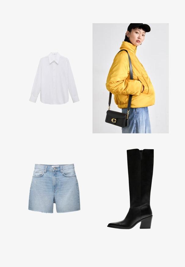 Cămașă albă cu mâneci lungi, cu guler larg, având o textură fină și închidere cu butoane pe față.; Șorturi din denim de un albastru deschis, cu margini franjurate, cinci buzunare și închidere cu buton. Materialul are o nuanță decolorată și ușoare deteriorări.; Cizme negre până la genunchi, fabricate din piele netedă, cu vârf ascuțit, toc pătrat și o decupare în formă de V în partea de sus.; Geacă galbenă căptușită cu guler înalt și buzunar frontal, asociată cu o geantă de umăr neagră cu accesorii aurii. Pantaloni casual din denim.