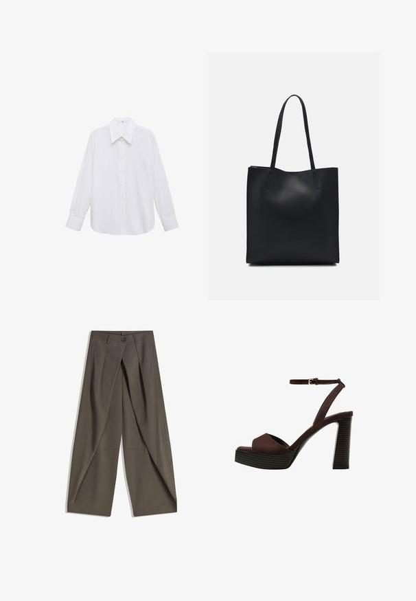 Witte lange mouwen overhemd met een brede boord, met een gladde textuur en een knoopsluiting aan de voorkant.; Wijdvallende broek gemaakt van een gestructureerde, donkergrijze stof. Heeft een voorplooien, een knopenluiting en zijzakken voor praktische doeleinden.; Bruine suède high-heeled sandaal met een open teen, verstelbare enkelband en een gestreepte plateauzool.; Zwarte leren handtas met een gladde textuur, rechthoekige vorm en twee lange handvaten. Geen zichtbare hardware of versieringen.