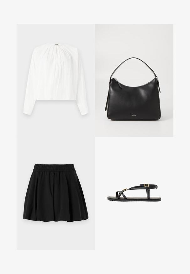 Weiße langärmelige Bluse mit rundem Ausschnitt und plissierter Textur. Leichter Stoff mit lockerer Passform und sanft gerafftem Detail an der Vorderseite.; Schwarze Rock mit einem gerafften Bund, schmalem Design und weicher Textur. Glattes Gewebe ohne sichtbare Muster oder Metallteile.; Schwarze Ledersandalen mit dünnen Riemen und einem geschnallten Knöchelriemen. Flache Sohle mit texturiertem Finish und Zickzackkante. Minimalistisches Design.; Schwarze Leder-Schultertasche mit glatter Textur, geschwungenem oberen Rand, Reißverschluss und einem dezenten Logo an der Vorderseite. Verfügt über einen einzelnen flachen Griff.
