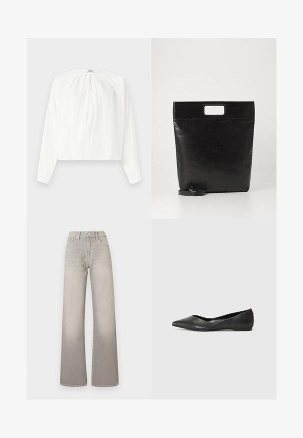 White long-sleeve blouse with a rounded neckline and pleated texture. Lightweight fabric with a relaxed fit and softly gathered detail at the front.; Gray wide-leg jeans with a faded finish, button closure, five-pocket design, and stitched detailing along the seams.; Black leather ballet flat with a pointed toe, low heel, and smooth texture. Minimal design with a subtle side accent.; Black leather tote bag with a square handle, featuring a textured finish and embossed logo. Includes a detachable strap.