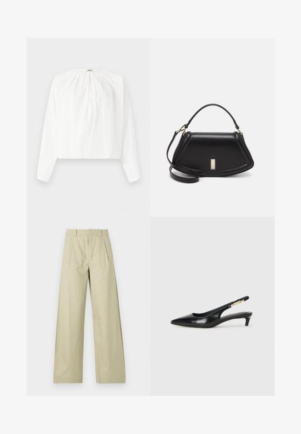 Valkoinen pitkähiha rundakauluspaita, jossa on pleatattu pinta. Kevyt kangas, rento istuvuus ja pehmeästi kerätty yksityiskohta edessä.; Housut leveillä lahkeilla vaaleanbeigestä puuvillasta, joissa on litteä etuosa, laskoksia, vyölenkkejä ja käännetyt lahkeet. Sileä kangas ja rento muotoilu.; Mustat nahkaiset slingback-korkokengät, joissa on terävä kärki, ohuet korot ja kultasävytteinen yksityiskohta säädettävässä hihnassa. Silkkinen pinta.; Mustalla nahkalaukulla, jossa on jämäkkä muotoilu, lyhyt malli, yläkahva ja kultaiset yksityiskohdat. Säädettävä olkahihna sisältyy.