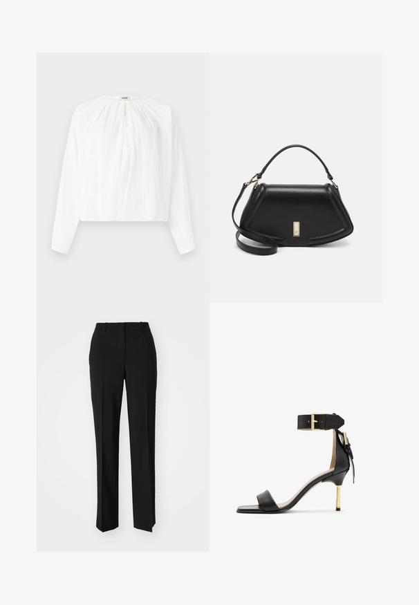 Blusa bianca a maniche lunghe con scollatura rotonda e texture plissettata. Tessuto leggero con vestibilità rilassata e morbidi dettagli arricciati nella parte anteriore.; Pantaloni neri su misura con un design a gamba dritta, caratterizzati da una texture liscia e pieghe ben definite sul davanti. Senza hardware visibile.; Sandal con tacco in pelle nera, punta quadrata, cinturino alla caviglia con fibbia dorata e tacco metallico slanciato. Texture liscia, design minimalista.; Borsa a mano in pelle nera con un design strutturato, caratterizzata da una forma corta, manico superiore e accessori in metallo dorato. Inclusa tracolla regolabile.