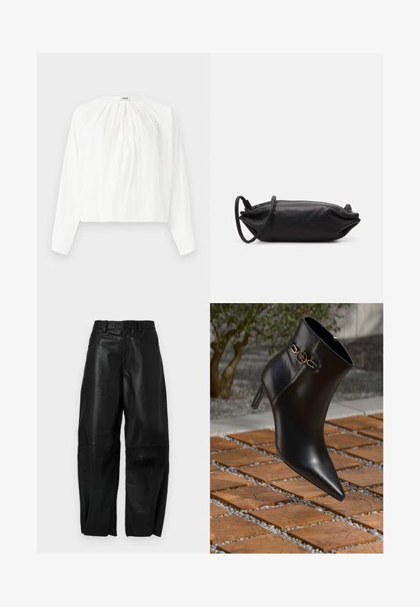 Blusa bianca a maniche lunghe con scollatura rotonda e texture plissettata. Tessuto leggero con vestibilità rilassata e morbidi dettagli arricciati nella parte anteriore.; Pantaloni in pelle nera con vestibilità ampia, caratterizzati da un design a gamba dritta, tasche frontali e dettagli di cucitura visibili.; Stivale alla caviglia in pelle nera con punta affilata e tacco piccolo. Presenta un accento di catena dorata alla caviglia. Circondato da una superficie in pietra testurizzata.; Borsa a tracolla nera in pelle, di forma rettangolare, con una texture liscia, una sottile tracolla e un design minimalista.