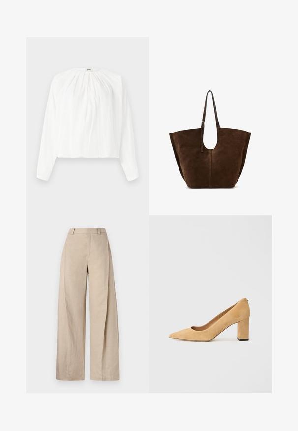 Biela blúzka s dlhým rukávom a oblečeným výstrihom, s plisovanou textúrou. Ľahký materiál s voľným strihom a jemne zhromaždeným detailom vpredu.; Béžové ľanové nohavice s širokými nohavicami a vysokým pásom, s hladkou textúrou a čistými líniami, navrhnuté pre uvoľnený strih.; Béžové semišové lodičky na vysokom podpätku s špicatou špičkou a robustným blokovým podpätkom. Materiál má jemnú textúru s hladkým povrchom.; Hnedá semišová taška s širokým telom, otvoreným vrchom a jednoduchým dizajnom, vybavená dlhými koženými popruhmi a detailom s výrezom na držadle.