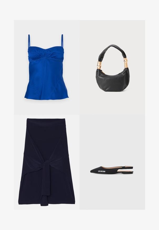 Camiseta de satén azul con tirantes ajustables, una línea del busto fruncida y un dobladillo acampanado. Textura suave con sutiles detalles de costura.; Falda envolvente de color azul marino, fabricada en una tela suave y elástica con un diseño anudado en la parte frontal, que presenta una textura lisa y bordes ajustados.; Bailarinas negras de tipo slingback con punta afilada, hechas de material suave. Presentan la marca blanca "LOVE MOSCHINO" y un diseño minimalista.; Bolso de mano de cuero negro con forma redonda, textura suave y un asa anudada que cuenta con acentos de hardware en tono dorado. Cierre con cremallera.