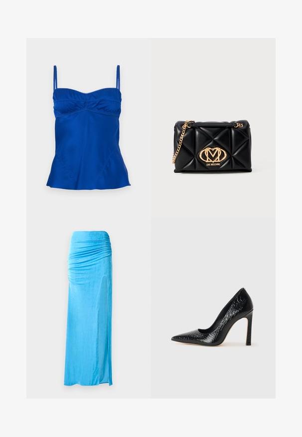 Camisolă bleu din satin cu bretele ajustabile, linie de bust pliată și tiv evazat. Textură netedă cu detalii de cusătură subtile.; Top fără mâneci, de culoare albastră, realizat dintr-un material moale și texturat. Prezintă un guler înalt și un design asimetric, cu detalii pliate pe o parte.; Fustă maxi din velur albastru, cu detalii volan la talie, având o fanta laterală și o textură netedă pentru o siluetă fluidă.; Pantofii cu toc înalt, ascuțiți, de culoare neagră, cu textură de piele de crocodil, având un design elegant, toc în stil stiletto și interior neted de culoare neagră.; Geantă neagră matlasată cu curea din lanț aurie. Prezintă detalii cu logo-ul auriu pe față. Fabricată din material sintetic, având o formă rectangulară.