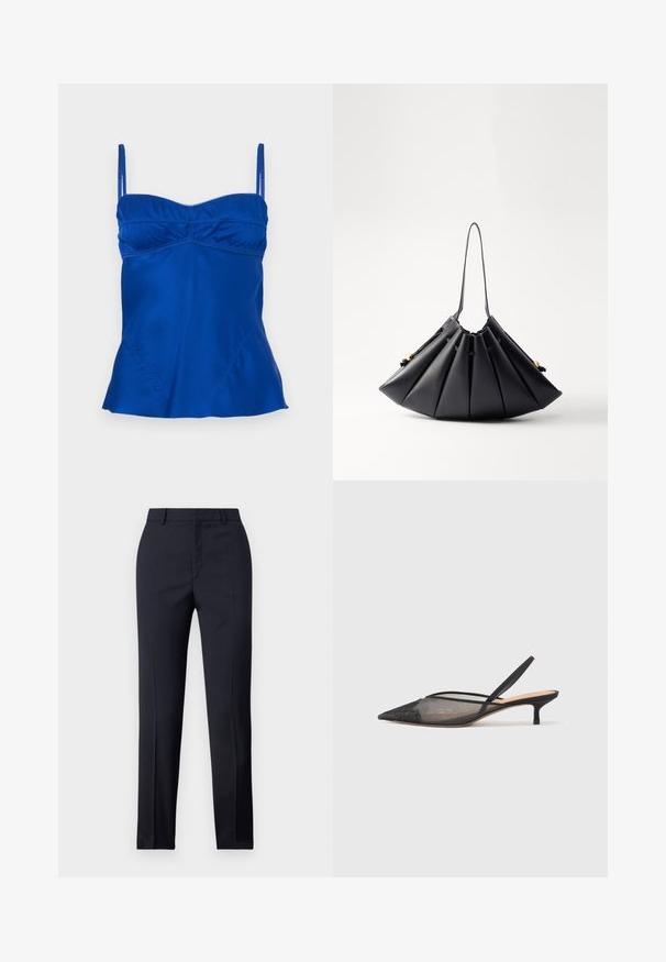 Satiinist sinine kampsun reguleeritavate rihmadega, kogutud rinnaosaga ja laiema hemiga. Sile tekstuur koos peente õmbluse detailidega.; Tumed kohandatud püksid sirge lõikega, millel on sile tekstuur, kaks esist taskut ja puhas vöökoht.; NEOUS IRENA - Klassikalised kontsakingad - black; Mustast pleeditud käekotist, mis on valmistatud siledast nahast, millel on üks sang, kuldsed aktsendid ja geomeetriliselt struktureeritud kuju.