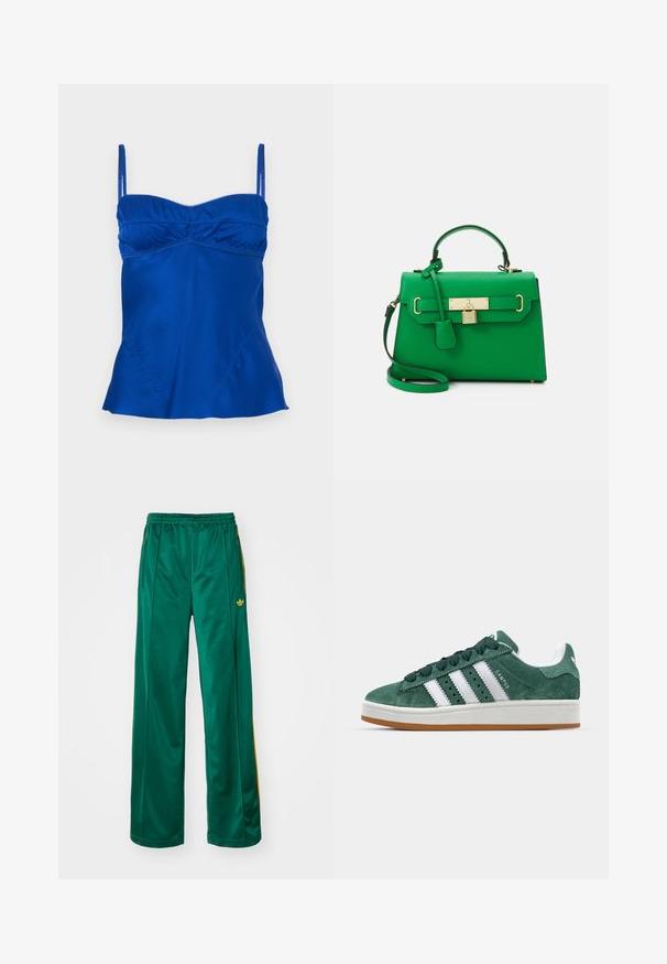 Satin blue camisole with adjustable straps, a gathered bustline, and a flared hem. Smooth texture with subtle stitching details.; Green satin athletic pants with a relaxed fit, featuring yellow stripe accents and an embroidered logo on the left side. Elastic waistband.; Green suede sneaker with white leather stripes, rubber sole, padded collar, and minimalistic design. Features branding on the side.; Green leather handbag with a structured design, gold hardware, a top handle, and a detachable shoulder strap. Features a lock accent and textured finish.