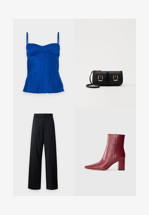 Zila satīna topiņš ar regulējamiem siksniņām, savāktām krūtīm un izplestu apakšējo malu. Gluda tekstūra ar smalkiem šuvumu detaļām.; Platas kājas bikses tumši zilos toņos, ar pogu aizdari, priekšējām krokām un gludu audumu ar tīru, pielāgotu dizainu.; Burgundijas ādas potītes zābaki ar smailo purngalu, koka papēdi un gludu tekstūru, ar bezšuvju dizainu, bez redzamām detaļām.; Melnas ādas crossbody soma ar divām priekšējām kabatām, zelta sprādzēm, ar rāvējslēdzēju aizdari un šauru siksnu. Strukturēta virsma un kompakta taisnstūra forma.