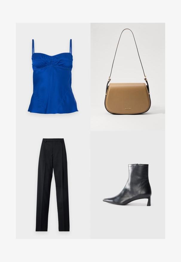 Satin blue camisole with adjustable straps, a gathered bustline, and a flared hem. Smooth texture with subtle stitching details.; Black trousers made from smooth fabric featuring a high waist, wide legs, front pleats, and classic belt loops. No side pockets visible.; Black leather ankle boot with a pointed toe and a sleek design. Features a low heel and a zipper closure at the back. Smooth texture.; Tan leather crossbody bag with a curved shape, gold hardware accents, and a slim dark strap. Smooth texture with stitching details.
