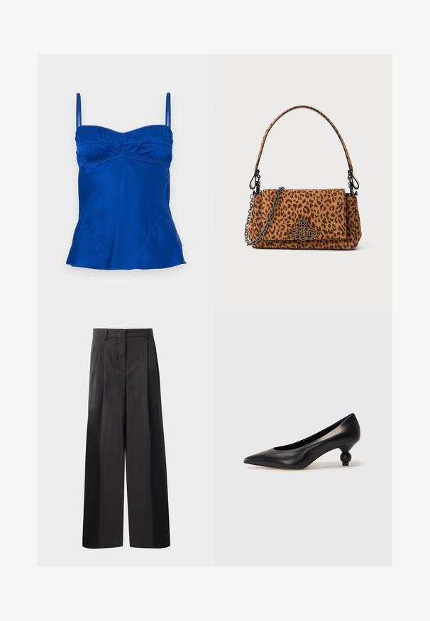 Satin blå cami med justerbare stropper, en rynket buste og en svajet kant. Glat tekstur med subtile sydetaljer.; Sort brede bukser med høj talje, med folder foran, en glat tekstur og en skræddermæssig finish. Designet til en afslappet pasform.; Sort læder høje hæle med spids tå og rund, kugleformet hæl. Glat tekstur med et stilrent, minimalistisk design.; Leopardprint håndtaske lavet af suedeskind med et kort håndtag, en kædestrop og en spænde i sort metal. Firkantet form med klaplukning.